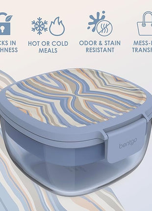 Bentgo Glass Prints All-in-One Salad Container - 61oz Tinted Glass Salad Bowl with Lid, Bento-Style Tray, Sauce Container, & Reusable Fork - Dishwasher & Microwave Safe (Wildly Chic - Soft Blue)
