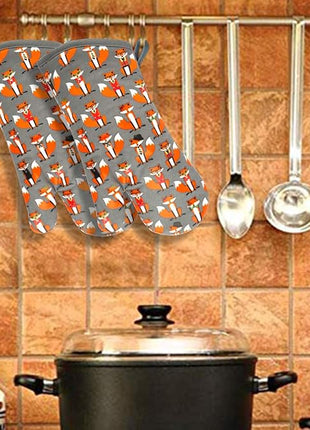 Oven Mitts Gloves 1 Pair Heat Resistant 480 ℉ Non Slip Clear Silicone Printed Fox Comfortable Cotton Lining Kitchen Women Men Cooking Baking Barbecue Machine Washable (Fox, Gray Mittens)