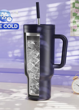 Meoky 40 oz Tumbler with Handle and Straw: Stainless Steel Insulated Tumbler with Lid and Straw - 100% Leak Proof Tumbler for Car Cup Holders - Travelers Commuters Workers, Blueberry