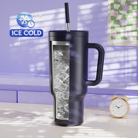 Meoky 40 oz Tumbler with Handle and Straw: Stainless Steel Insulated Tumbler with Lid and Straw - 100% Leak Proof Tumbler for Car Cup Holders - Travelers Commuters Workers, Blueberry