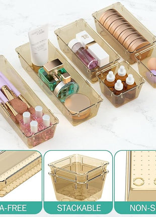 WOWBOX 12 Pack Clear Drawer Organizer Set, Acrylic Drawer Storage Trays, Storage Bins for Makeup, Cosmetics, Jewelries, Utensils, Gadgets, Office, Champagne