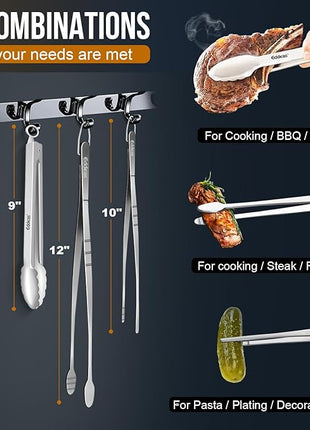 Tongs For Cooking - Heat Resistant 600 Degrees, All Metal Kitchen Tweezers Tongs, Heavy Duty Stainless Steel Cooking for Food, Grill, BBQ, Dishwasher safe Set of 4 (12" & 9in)