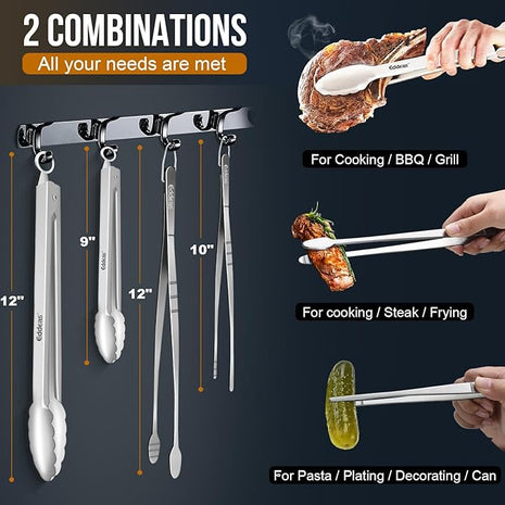 Tongs For Cooking - Heat Resistant 600 Degrees, All Metal Kitchen Tweezers Tongs, Heavy Duty Stainless Steel Cooking for Food, Grill, BBQ, Dishwasher safe Set of 4 (12" & 9in)