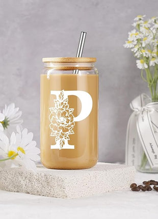 Coolife Initial Glass Cup, Monogrammed Gifts for Women, 16 oz Glass Cups w/Lids Straws, Iced Coffee Smoothie Beer Tumbler w/Straw Lid - Personalized Christmas, Birthday Gifts for Her Mom Friend Woman