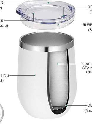 VEGOND Wine Tumblers Bulk 12 Pack, 12oz Stainless Steel Stemless Wine Glass with Lids and Straws, Double Wall Vacuum Insulated Tumbler Cup, Coffee Mug for Cold Hot Drinks