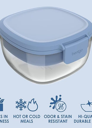 Bentgo Glass All-in-One Salad Container - Large 61-oz Salad Bowl with Lid, 4-Compartment Bento-Style Tray, 3-oz Sauce Container, and Reusable Fork - Dishwasher, Microwave, and Oven Safe (Light Blue)