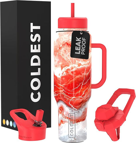 Coldest Tumbler with Handle and Straw - 100% Leak Proof Insulated Tumbler with Lid and Straw (3 Lids) - Stainless Steel Tumblers for Women & Men, Cup Holder Friendly Base, 46 oz (Molten Ivory)