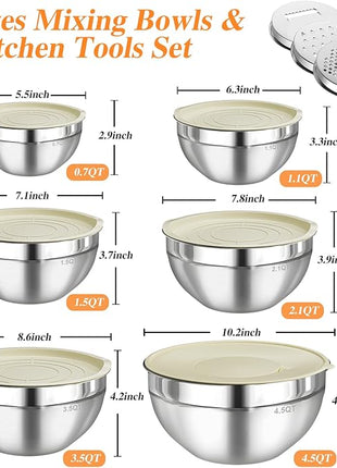 Mixing Bowls with Lids Set, 6 PCS Stainless Steel Mixing Bowls with 3 Grater Attachments, Kitchen Food Storage Organizers Nesting Mixing Bowl, Large Size 4.5, 3.5, 2.1, 1.5, 1.1, 0.7QT