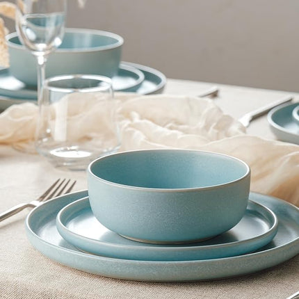 Famiware Milkyway Plates and Bowls Sets, 12 Pieces Dinnerware Sets, Reactive Glaze Dish Set, Stoneware Dishes Set for 4, Light Blue