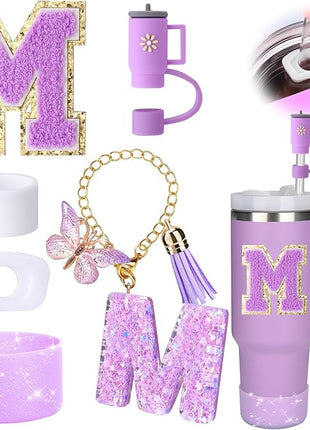 Mity rain 6PCS Cup Accessories Set for Stanley Cup 30oz 40oz tumbler with handle, Including Silicone Straw Topper Cover Cap and Boot, Spill Proof Stopper, Handle Charm, Initials Sticker (Letter M)