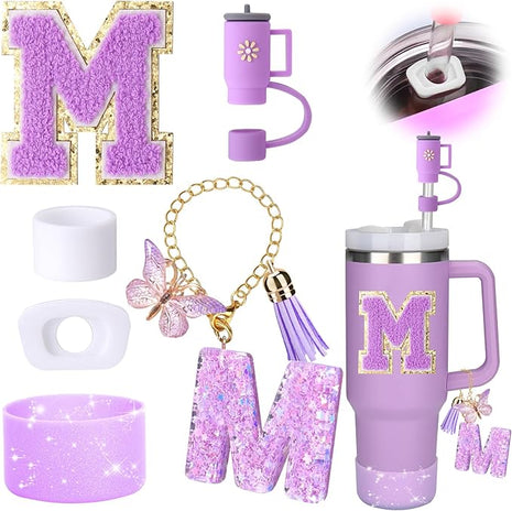 Mity rain 6PCS Cup Accessories Set for Stanley Cup 30oz 40oz tumbler with handle, Including Silicone Straw Topper Cover Cap and Boot, Spill Proof Stopper, Handle Charm, Initials Sticker (Letter M)