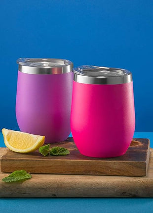 CHILLOUT LIFE 12 oz Stainless Steel Wine Tumbler with Lid - Double Wall Vacuum Insulated Wine Cup Glass Keeping Cold & Hot for Coffee, Champagne, Cocktails, Ice Cream - Powder Coated Pink