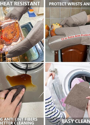 Professional Microwave Silicone Oven Mitts one Pair, Kitchen Mitten Set for Heat Resistant with 500 Degrees, Kitchen Gloves Pot Holder for BBQ Cooking Baking (Khaki)