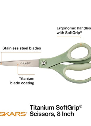 Fiskars SoftGrip Titanium Scissors - Contoured Performance All Purpose - 8" Titanium - Straight Paper Scissors for Office, and Arts and Crafts - 3-Count