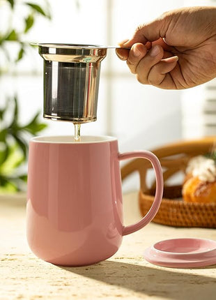 Sweese 20 OZ Porcelain Tea Mug with Infuser and Lid, Loose Leaf Tea Cup, Gifts for Tea Lover - Pink