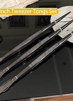 JETKONG 14-Inch Long Stainless Steel Thin Tongs Heavy Duty Kitchen Cooking Tweezers Tongs, Set of 3 (14 14 14 Inch, Black)