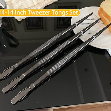 JETKONG 14-Inch Long Stainless Steel Thin Tongs Heavy Duty Kitchen Cooking Tweezers Tongs, Set of 3 (14 14 14 Inch, Black)