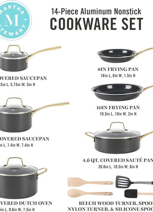 MARTHA STEWART 14 Piece Non-Stick Cookware Combo Set - Black w/Gold Handles