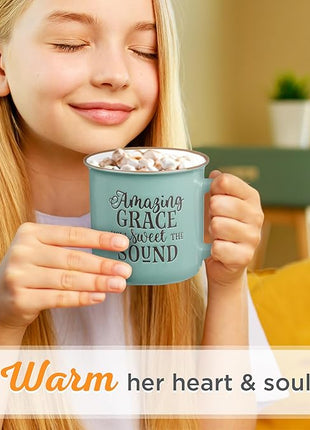Christian Art Gifts Mint Green Camp Style Ceramic Coffee Mug – 13 oz. Microwave and Dishwasher Safe Novelty Drinkware Inspirational Scripture Coffee and Tea Mug with Worship Hymn Song: Amazing Grace