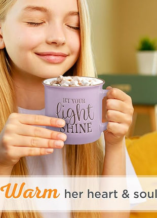 Christian Art Gifts Lavender Camp Style Ceramic Coffee Mug – 13 oz. Microwave & Dishwasher Safe Inspirational Scripture Coffee & Tea Mug for Women with Bible Verse: Let Your Light Shine – Matthew 5:16