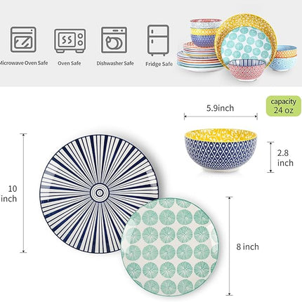 Selamica Ceramic Dinnerware Sets for 6, 18 Pieces Plates and Bowls Set, Scratch Resistant Dishes Set, Dishwasher&Microwave Safe, Assorted Colors