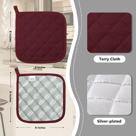 Joyhalo 4 Pack Pot Holders for Kitchen,Cotton Oven Holder with Great Heat Resistance,Non Slip Hot Pads for Kitchen Clearance,Dark Red