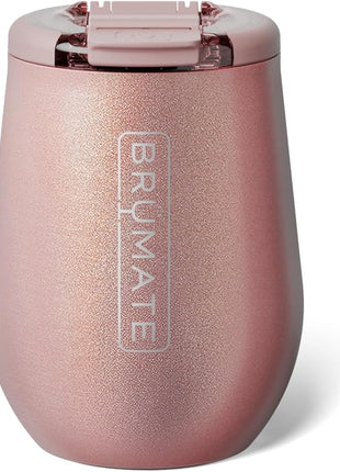 BrüMate Uncork'd 100% Leak-Proof 14oz Insulated Wine Tumbler with Lid - Vacuum Insulated Stainless Steel Wine Glass - Perfect For Travel & Outdoors (Glitter Rose Gold)