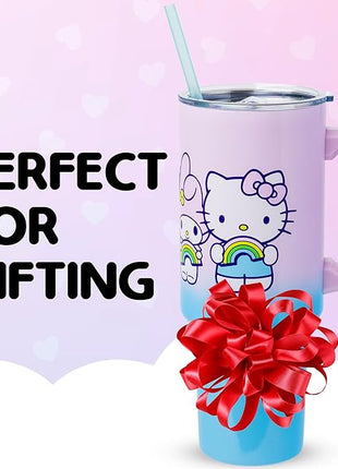 Silver Buffalo Sanrio Hello Kitty and Friends Featuring My Melody, Kuromi, and Pompompurin Rainbow Ombre Stainless Steel Tumbler with Handle and Straw, Fits in Standard Cup Holder, 40 Ounces