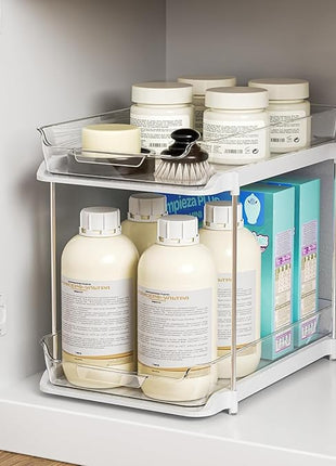 Delamu 2-Tier Multi-Purpose Bathroom Under Sink Organizers and Storage, Stackable Kitchen Pantry Organization, Pull Out Medicine Cabinet Organizer with Movable Dividers, Pure White, 1 Pack