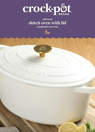 Crock Pot Artisan 7-Quart Oval Dutch Oven With Lid, Enameled Cast Iron, Linen White With Gold Knob, Heavy-Duty Cookware for Baking, Braising, Roasting & Slow Cooking