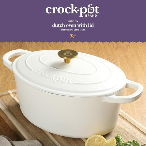 Crock Pot Artisan 7-Quart Oval Dutch Oven With Lid, Enameled Cast Iron, Linen White With Gold Knob, Heavy-Duty Cookware for Baking, Braising, Roasting & Slow Cooking