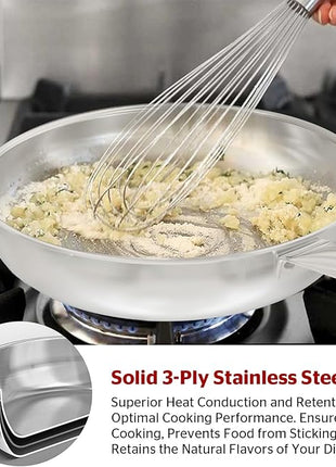 SUNHOUSE 11 Inch Tri-Ply Stainless Steel Frying Pan, Whole-Clad No Coatings Skillet with Stay-cool Handle for Cooking, Durable & Oven Safe to 500°F, Dishwasher Safe, Compatible with All Cooktops