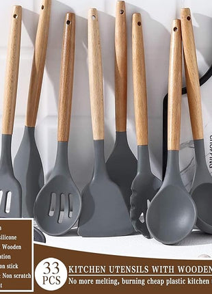 Umite Chef Kitchen Cooking Utensils Set, 33 pcs Non-stick Silicone Utensils Spatula Set with Holder, Wooden Handle Heat Resistant Silicone Kitchen Gadgets Utensil Set (Gray)