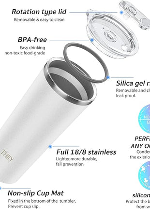 THILY Vacuum Insulated Tumbler Stainless Steel 26 oz Coffee Cup with 2 Lids and Straws, Powder Coated Travel Mug, Keeps Ice Drinks Cold, White