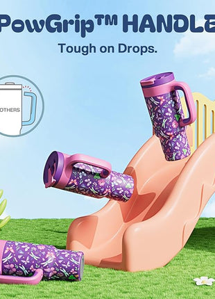 24 oz Insulated Tumbler for Kids: Spill-Proof, 2-in-1 Straw Lid, Cold for 26 Hrs, Stainless Steel Cup with Handle for School, Camping, Gift, Daily, Outdoor, Trip, Travel, Vacation (Butterfly Field)