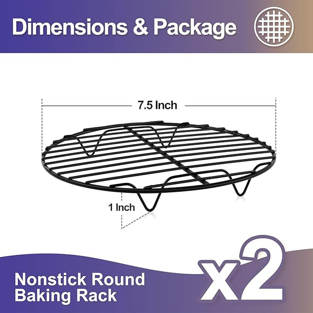 P&P CHEF Round Cooling Rack Set, Round Wire Racks for Cooking Baking, Fit Air Fryer & Oven, Stainless Steel Core with Nonstick Coatings, Black, 2 PCS - 7.5 Inch