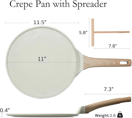 ESLITE LIFE 11 Inch Crepe Pan with Spreader, Nonstick Ceramic Flat Skillet Dosa Tawa Comales Para Tortillas Pancake Pan, PTFE & PFOA Free, White