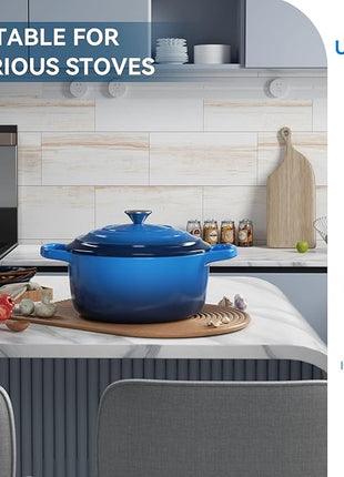 Miereirl 6 Quart Enameled Dutch Oven Pot with Lid, Cast Iron Dutch Oven with Dual Handles for Bread Baking, Cooking, Non-stick Enamel Coated Cookware (Dark Blue)