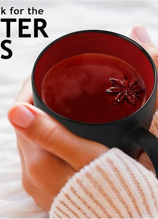 MIAMIO - Set of 6 Stoneware Coffee Mugs 12 Ounce/Cup Set - Le Papillon Collection (Black-Red)