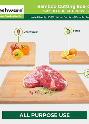 Freshware Wood Cutting Boards for Kitchen - Bamboo Cutting Board Set of 3, Cutting Boards with Juice Grooves, Serving Board Set, Chopping Board for Meat, Veggie, Easy Grip Handle (9x6", 12x8", 15x10")