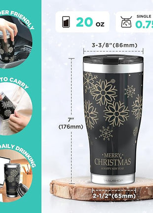 HAUSHOF 20oz Christmas Tumbler, Stainless Steel and Double Wall Insulated Travel Coffee Mug with Lid, Good Choice for Christsmas Gifts-Black with Snowflakes
