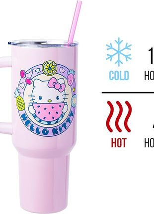 Silver Buffalo Sanrio Hello Kitty Summer Kawaii Fruits Stainless Steel Tumbler with Handle, Fits in Standard Cup Holder, 40 Ounces