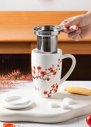 Sweejar Porcelain Tea Mug with Infuser and Lid,Teaware with Filter, Loose Leaf Tea Cup Steeper Maker, 16 Fl Oz for Tea/Coffee/Milk/Women/Office/Home/Gift (Plum Blossom)
