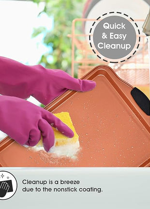 Perlli Baking Sheet 4 Piece Set Nonstick Copper Carbon Steel Oven Bakeware Kitchen Set with Silicone Grips, Includes 2x 9x13" Cookie Sheets, 9x13" Baking Pan with Plastic Lid