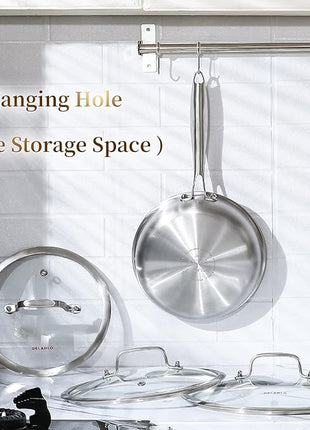 DELARLO Tri-ply Stainless Steel Frying Pan Set with Lid 10" 12" Induction large Skillets Chef's Pan,Pots and Pans Set Kitchen Cookware Set Suitable for All Stove