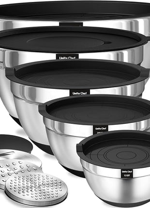 Umite Chef Mixing Bowls with Airtight Lids, 8PCS Stainless Steel Nesting Mixing Bowls Set, 3 Grater Attachments & Non-Slip Bottoms, Black Kitchen Bowls, Size 5, 4, 3.5, 2, 1.5QT for Baking & Serving