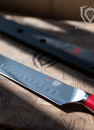 Dalstrong Slicing Carving Knife - 12 inch Granton Edge - Shogun Series - Damascus - Japanese AUS-10V Super Steel Kitchen Knife - Vacuum Treated - Crimson Red ABS Handle - Razor Sharp Knife - w/Sheath