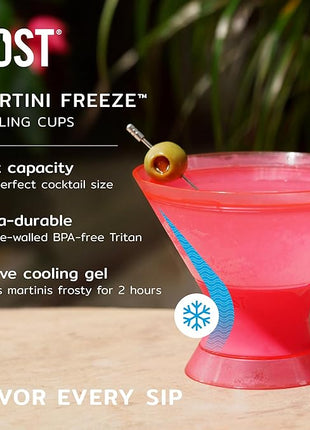 HOST Freeze Insulated Martini Cooling Cups, Plastic Freezer Gel Chiller Double Wall Stemless Cocktail Glass Set of 2, 9oz Punch Pink