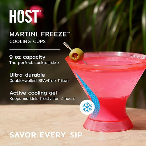 HOST Freeze Insulated Martini Cooling Cups, Plastic Freezer Gel Chiller Double Wall Stemless Cocktail Glass Set of 2, 9oz Punch Pink