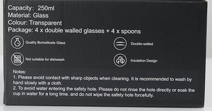 LIBWYS 4 Pack 250ml Double Walled Glass Coffee Mugs with 4 Spoons, Cappuccino Latte Tea Cups with Handle, Heat Resistant Drinking Glasses